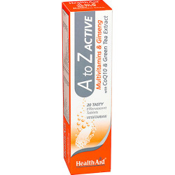 Health Aid - A to Z Active multivitamins & ginseng CoQ10 Πολυβιταμίνες με τζίνσενγκ & συνένζυμο Q10 με γεύση Tutti Fruti - 20 αναβράζοντα δισκία
