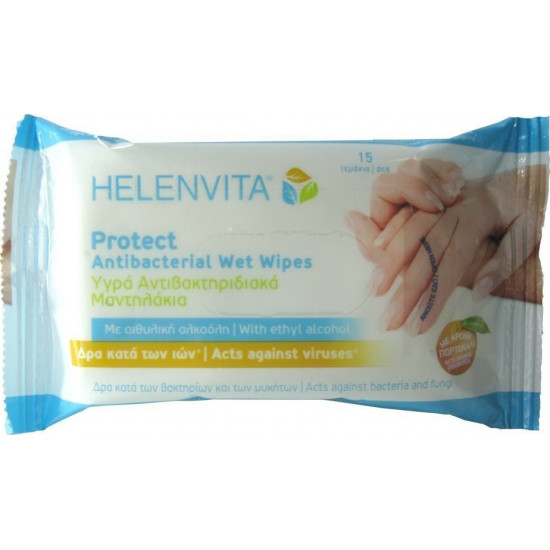 Helenvita - Protect antibacterial wet wipes Υγρά αντιβακτηριδιακά μαντηλάκια με άρωμα πορτοκάλι - 15τμχ
