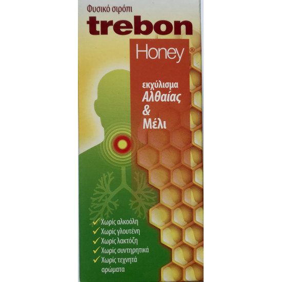 Uni-Pharma - Trebon honey Φυσικό σιρόπι για τον ξηρό βήχα & πονόλαιμο με εκχύλισμα Αλθαίας & μέλι - 100ml