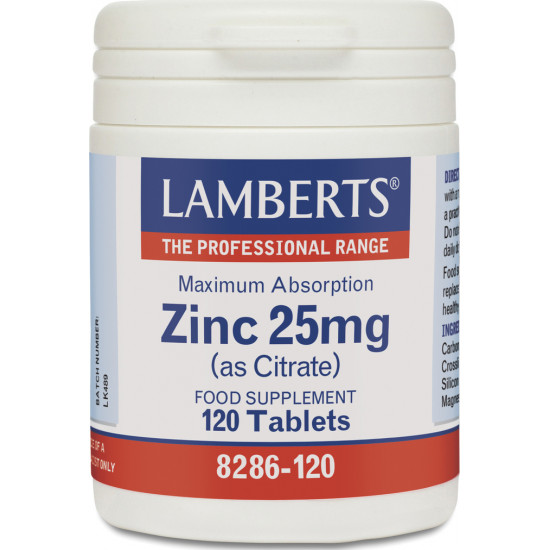 Lamberts - Zinc 25mg (Citrate) Συμπλήρωμα διατροφής με κιτρικό ψευδάργυρο - 120tabs