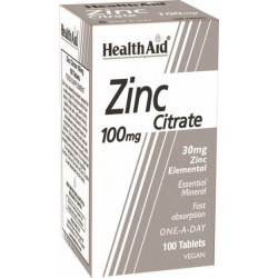 Health Aid - Zinc citrate 100mg Συμπλήρωμα διατροφής με Ψευδάργυρο για τη φυσιολογική λειτουργία του ανοσοποιητικού - 100tabs