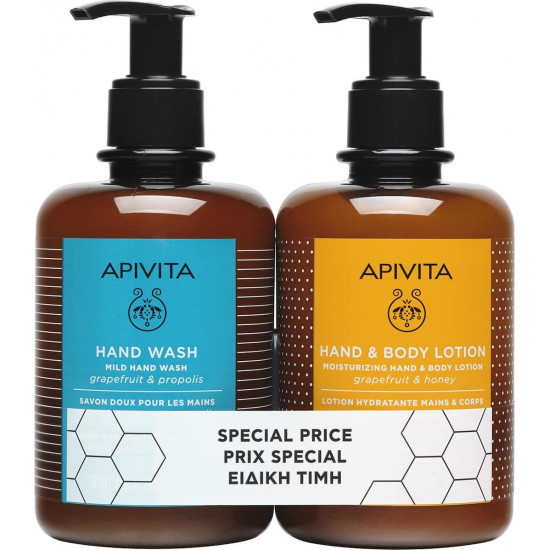 Apivita - Mild hand wash Καθαριστικό χεριών με γκρέιπφρουτ & πρόπολη - 300ml & Moisturizing hand & body lotion Ενυδατική λοσιόν για χέρια & σώμα με γκρέιπφρουτ & μέλι - 300ml
