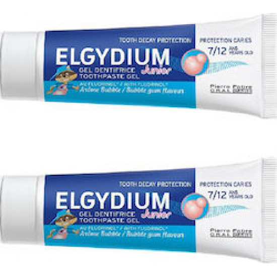 Elgydium - Σετ Toothpaste Junior Bubble 1400ppm (7-12 ετών) - Τσιχλόφουσκα - 2 x 50ml (-50% στο 2ο προϊόν)