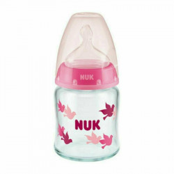 Nuk - Γυάλινο Μπιμπερό First Choice Plus Temperature Control Κατά των Κολικών με Θηλή Σιλικόνης για 0-6 μηνών Ροζ Πουλάκια - 120ml