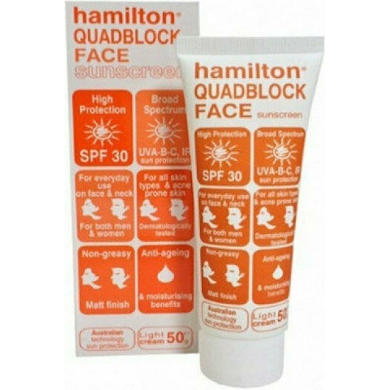 Hamilton - Quadblock Face SPF30 Non Greasy Sunscreen Light Cream Αντηλιακή Κρέμα Προσώπου - 50gr