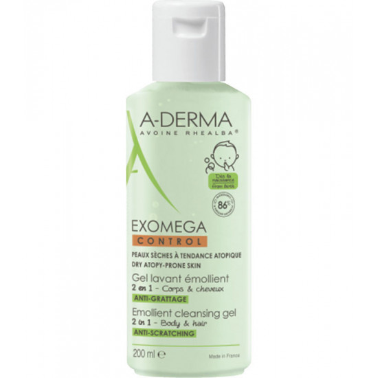 A-Derma - Exomega control emollient cleansing gel 2 in 1 body & hair Μαλακτικό τζελ καθαρισμού για το ατοπικό δέρμα, για μαλλιά & σώμα - 200ml