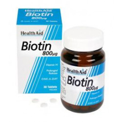 Health Aid - Biotin (Vitamin H) 800mg Συμπλήρωμα διατροφής για ενίσχυση μαλλιών, δέρματος & νυχιών - 30tabs