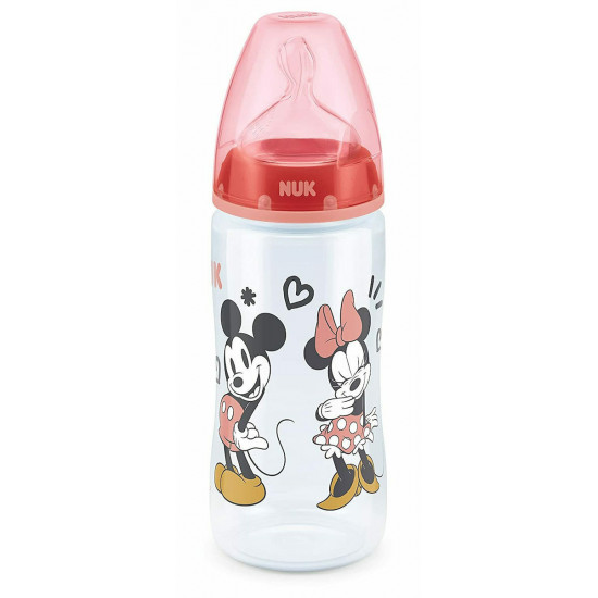 Nuk - Πλαστικό Μπιμπερό First Choice Plus Temperature Control Mickey & Minnie Κατά των Κολικών με Θηλή Σιλικόνης 300ml για 6-18 μηνών Κόκκινο