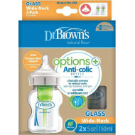 Dr. Brown's - Natural flow options+ glass wide neck Μπιμπερό γυάλινο με φαρδύ λαιμό & θηλή σιλικόνης - 2x150ml