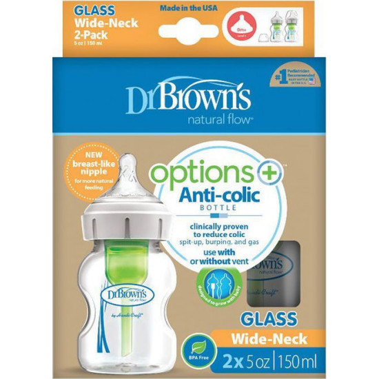 Dr. Brown's - Natural flow options+ glass wide neck Μπιμπερό γυάλινο με φαρδύ λαιμό & θηλή σιλικόνης - 2x150ml
