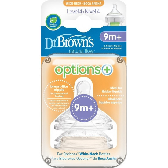 Dr. Brown's - Natural flow options+ breast-like nipple wide neck silicone 9m+ Θηλές σιλικόνης για μπιμπερό με φαρδύ λαιμό επίπεδο 4 από 9 μηνών - 2τμχ