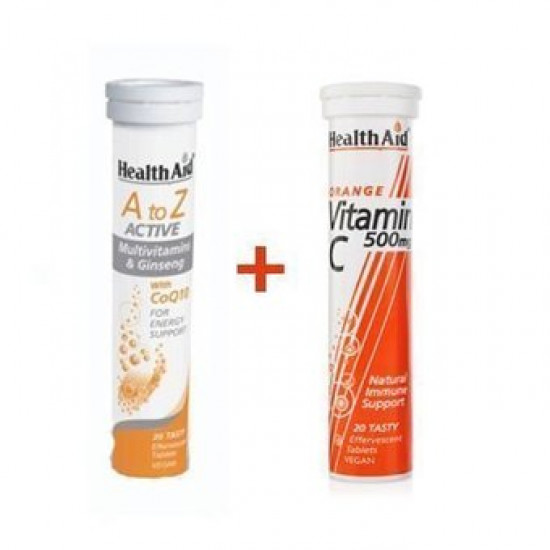 Health Aid - A to Z Active Πολυβιταμίνες με Τζίνσενγκ & Συνένζυμο Q10 με γεύση Tutti Fruti + Vitamin C 1000mg 2 x 20 αναβράζοντα δισκία Health Aid - A to Z Active Πολυβιταμίνες με Τζίνσενγκ & Συνένζυμο Q10 με γεύση Tutti Fruti + Vitamin C 1000mg 2 x 20 αναβράζοντα δισκία