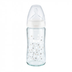 Nuk - First choice+ Μπιμπερό γυάλινο με θηλή σιλικόνης μεσαίας οπής 0-6 μηνών (Διάφορα σχέδια) - 240ml