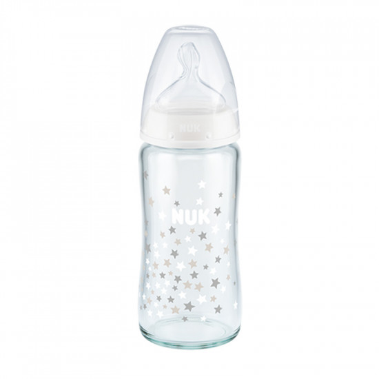 Nuk - First choice+ Μπιμπερό γυάλινο με θηλή σιλικόνης μεσαίας οπής 0-6 μηνών (Διάφορα σχέδια) - 240ml