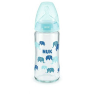 Nuk - Γυάλινο Μπιμπερό First Choice Plus Temperature Control Κατά των Κολικών με Θηλή Σιλικόνης για 0-6 μηνών Σιέλ Ελεφαντάκια - 240ml