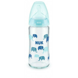 Nuk - Γυάλινο Μπιμπερό First Choice Plus Temperature Control Κατά των Κολικών με Θηλή Σιλικόνης για 0-6 μηνών Σιέλ Ελεφαντάκια - 240ml