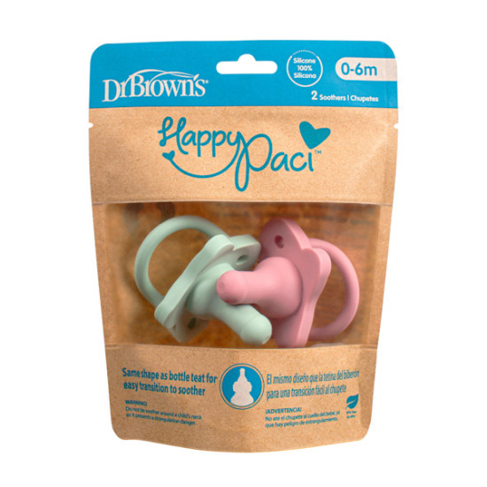 Dr Brown's - Happy Paci Silicone Πιπίλα Όλο Σιλικόνη Ροζ/Πράσινη - 2τεμ