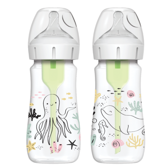 Dr Brown's - Natural Flow Anti-Colic Options+ Πλαστικό Μπιμπερό με Φαρδύ Λαιμό Θηλή Σιλικόνης (Ωκεανός) 0m+ - 2x270ml