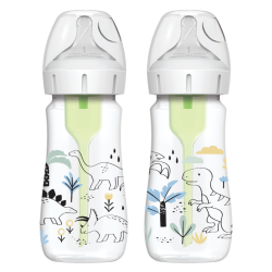Dr Brown's - Natural Flow Anti-Colic Options+ Πλαστικό Μπιμπερό με Φαρδύ Λαιμό Θηλή Σιλικόνης (Δεινόσαυροι) 0m+ - 2x270ml