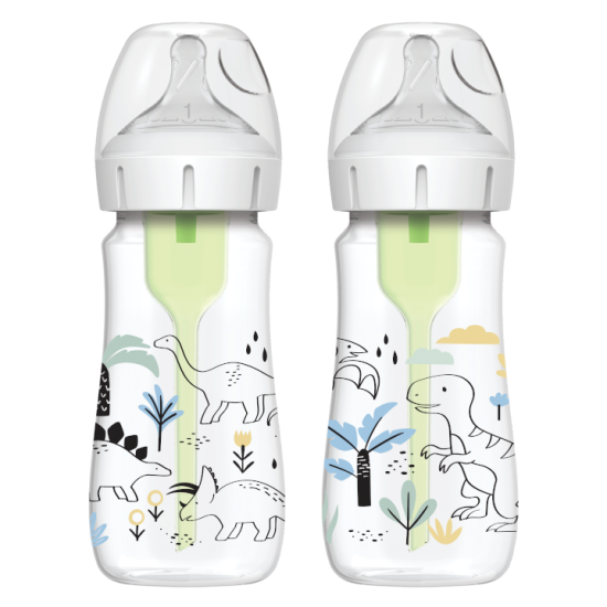 Dr Brown's - Natural Flow Anti-Colic Options+ Πλαστικό Μπιμπερό με Φαρδύ Λαιμό Θηλή Σιλικόνης (Δεινόσαυροι) 0m+ - 2x270ml