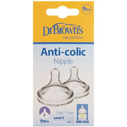Dr Brown's - Natural Flow Θηλές Σιλικόνης Κατά των Κολικών για Μπιμπερό με Φαρδύ Λαιμό 9m+ (Επίπεδο 4) - 2τμχ