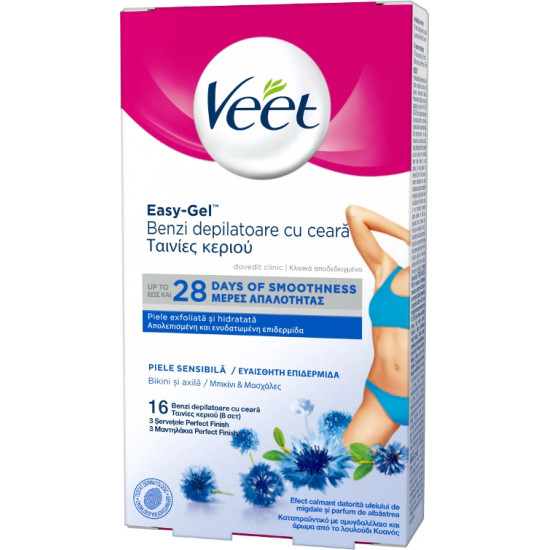 Veet - Easy-gel wax strips Ταινίες αποτρίχωσης με κρύο κερί για το μπικίνι για ευαίσθητες επιδερμίδες - 16τμχ