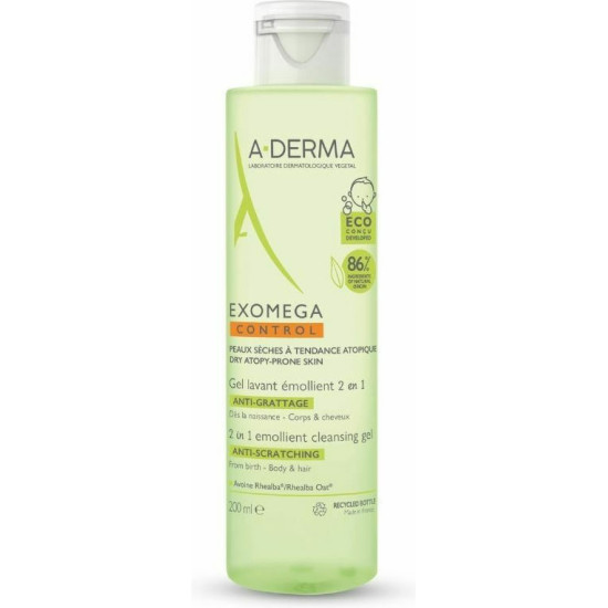 A-Derma - Exomega control emollient cleansing gel 2 in 1 body & hair Μαλακτικό τζελ καθαρισμού για το ατοπικό δέρμα, για μαλλιά & σώμα - 200ml