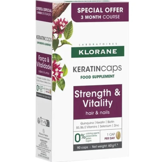 Klorane - Keratin Caps Συμπλήρωμα Διατροφής με  Εκχύλισμα Κινίνης και Κερατίνης για Ενδυνάμωση της Τρίχας (Τρίμηνη Θεραπεία) - 90 κάψουλες