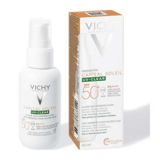 Vichy - Capital Soleil UV-Clear SPF 50 Λεπτόρρευστο Αντηλιακό Προσώπου Κατά της Λιπαρότητας και των Ατελειών - 40ml
