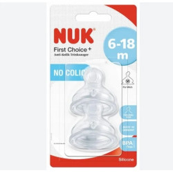 NUK - First Choice Plus No Colic Μedium Θηλή Σιλικόνης Κατά των Κολικών Μεσαία Οπή (6-18m) - 2τεμάχια 