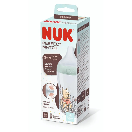 Nuk - Disney Winnie Pooh Perfect Match Μπιμπερό με Μαλακή Θηλή Σιλικόνης και Δείκτη Ελέγχου Θερμοκρασίας για Βρέφη Άνω των 3 μηνών - 260ml 