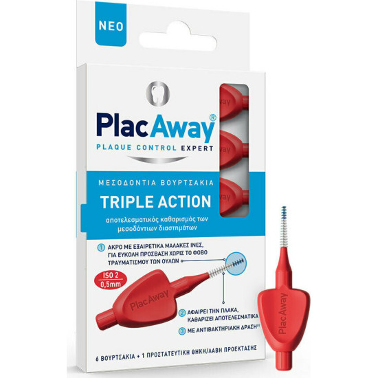 PlacAway - Triple Action Μεσοδόντια Βουρτσάκια 0.5mm Κόκκινα - 6τμχ