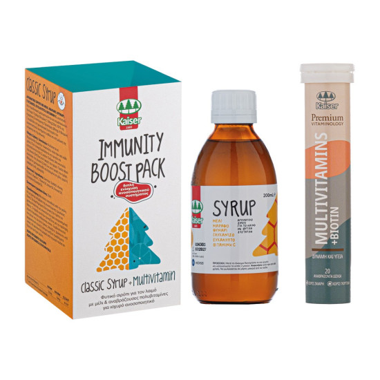 Medisei - Kaiser Immunity Boost Pack Classic Syrup & Multivitamin Διπλή Ενίσχυση του Ανοσοποιητικού με Φυτικό Σιρόπι για τον Λαιμό - 200ml και Αναβράζουσες Πολυβιταμίνες - 20 δισκία