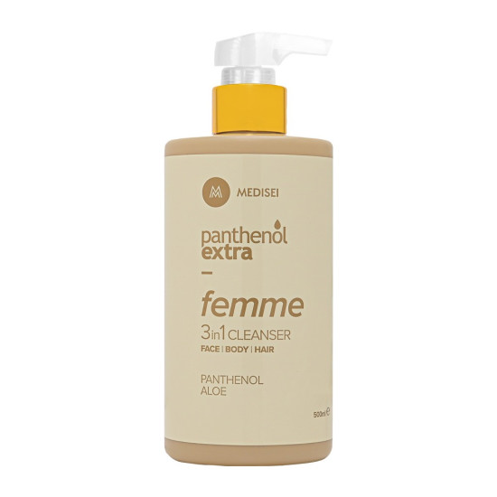 Medisei - Panthenol Extra Femme 3 in 1 Cleanser Γυναικείo Αφρόλουτρο και Σαμπουάν για Πρόσωπο Σώμα Μαλλιά με Νότες Βανίλιας - 500ml