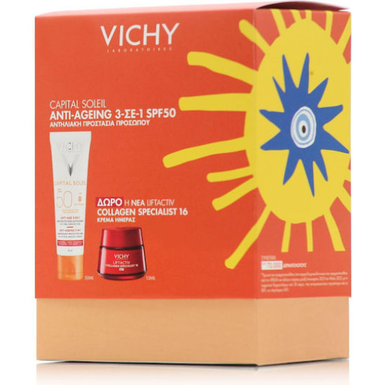 Vichy - Promo Capital Soleil Anti-Ageing 3in1 Spf50 - 50ml & ΔΩΡΟ Liftactiv Collagen Specialist 16 Day Cream - 15ml