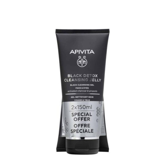 Apivita - Promo Black Detox Cleansing Jelly Face & Eyes Μαύρο τζελ καθαρισμού για πρόσωπο & μάτια με πρόπολη & ενεργό άνθρακα - 2x150ml