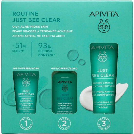 Apivita - Promo Routine Just bee Clear Κρέμα Κατά των Ατελειών για το Λιπαρό με Τάση Ακμής Δέρμα - 40ml & ΔΩΡΟ Λοσιόν Σύσφιξης Πόρων - 50ml & ΔΩΡΟ Gel Καθαρισμού - 15ml 