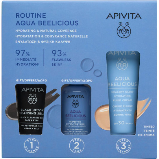 Apivita - Promo Routine Aqua Beelicious Hydrating Fluid Cream Spf30 Tinted Λεπτόρρευστη Ενυδατική Κρέμα Προσώπου με Χρώμα - 40ml & Δώρο Black Detox Cleansing Jelly - 15ml & Δώρο Aqua Beelicious Perfecting& Hydrating Toner - 50ml