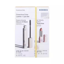 Korres - Conscious Color Lashes + Lips Set Drama Volume Mascara 01 Black Μάσκαρα σε μαύρο χρώμα - 13ml & True Velvety Lipstick 13 Nude Pink - 3gr