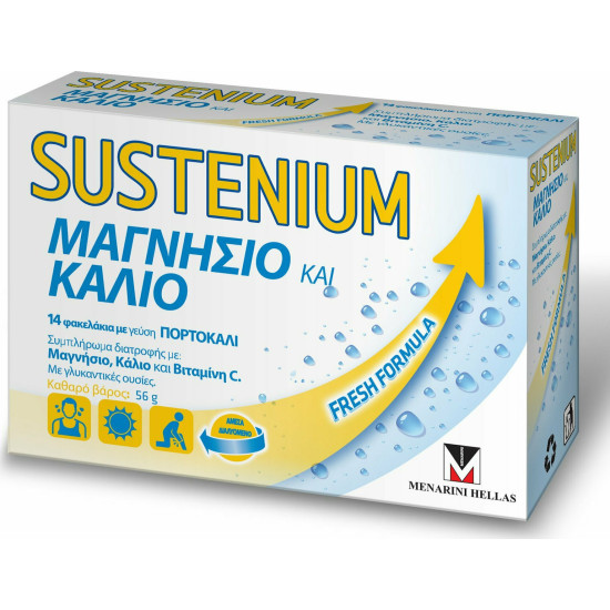Menarini - Sustenium Συμπλήρωμα διατροφής με Μαγνήσιο & Κάλιο & Βιταμίνη C με γεύση πορτοκάλι - 14 φακελάκια